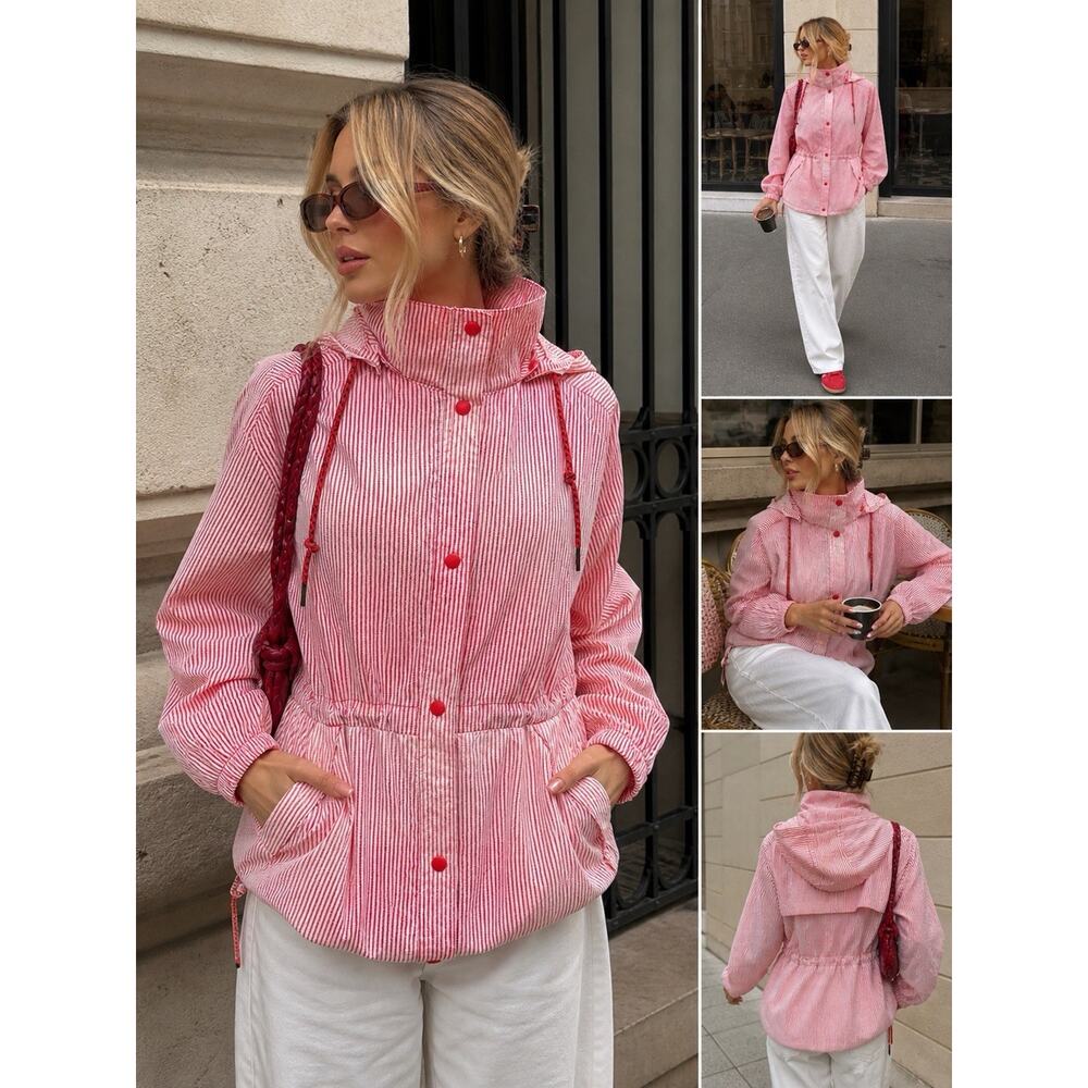 Columbia Striped Hooded Windbreaker Jacket Red White Lightweight Women Spring M